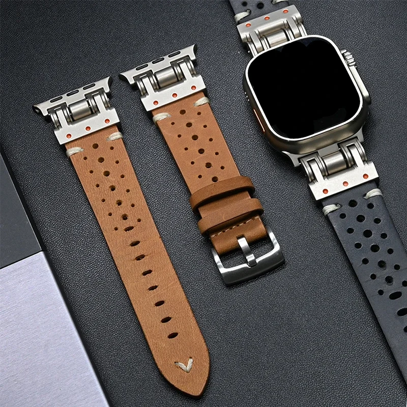 Leather strap for Apple Watch Ultra 2 49mm Series 9 7 8 45mm 44mm 42mm Band Men Luxury Bracelet for iWatch ultra 49 9 6 5 4 Se 3