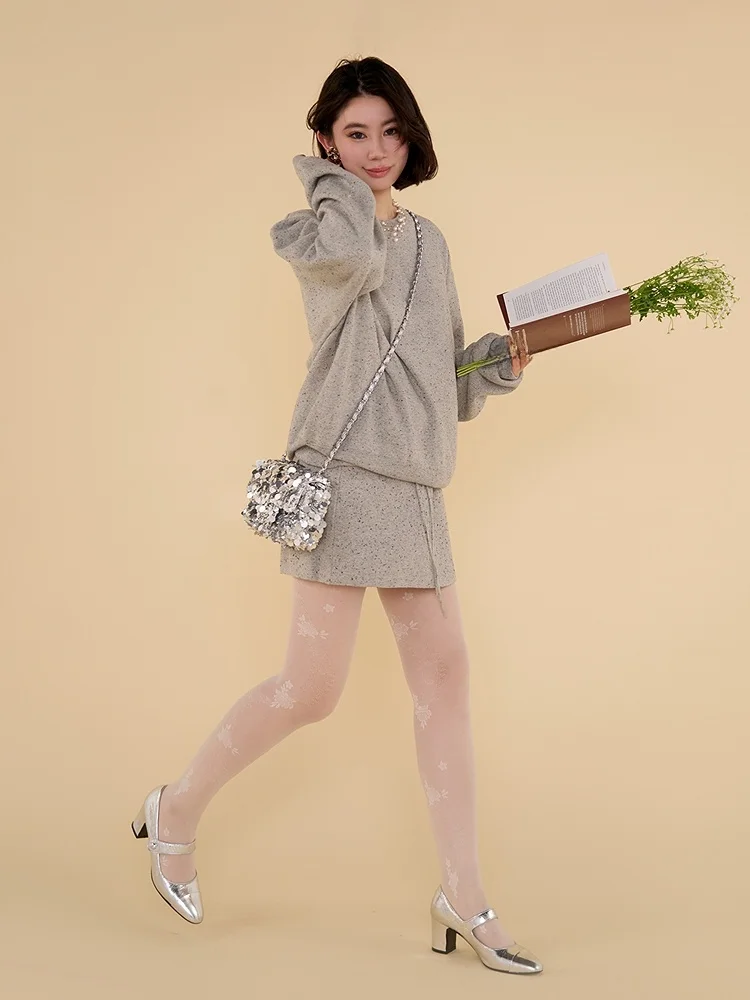 

Новый женский модный комплект: свободный вязаный свитшот с длинным рукавом и круглым вырезом, юбка. Синий, весенний сезон, шерстяная ткань.