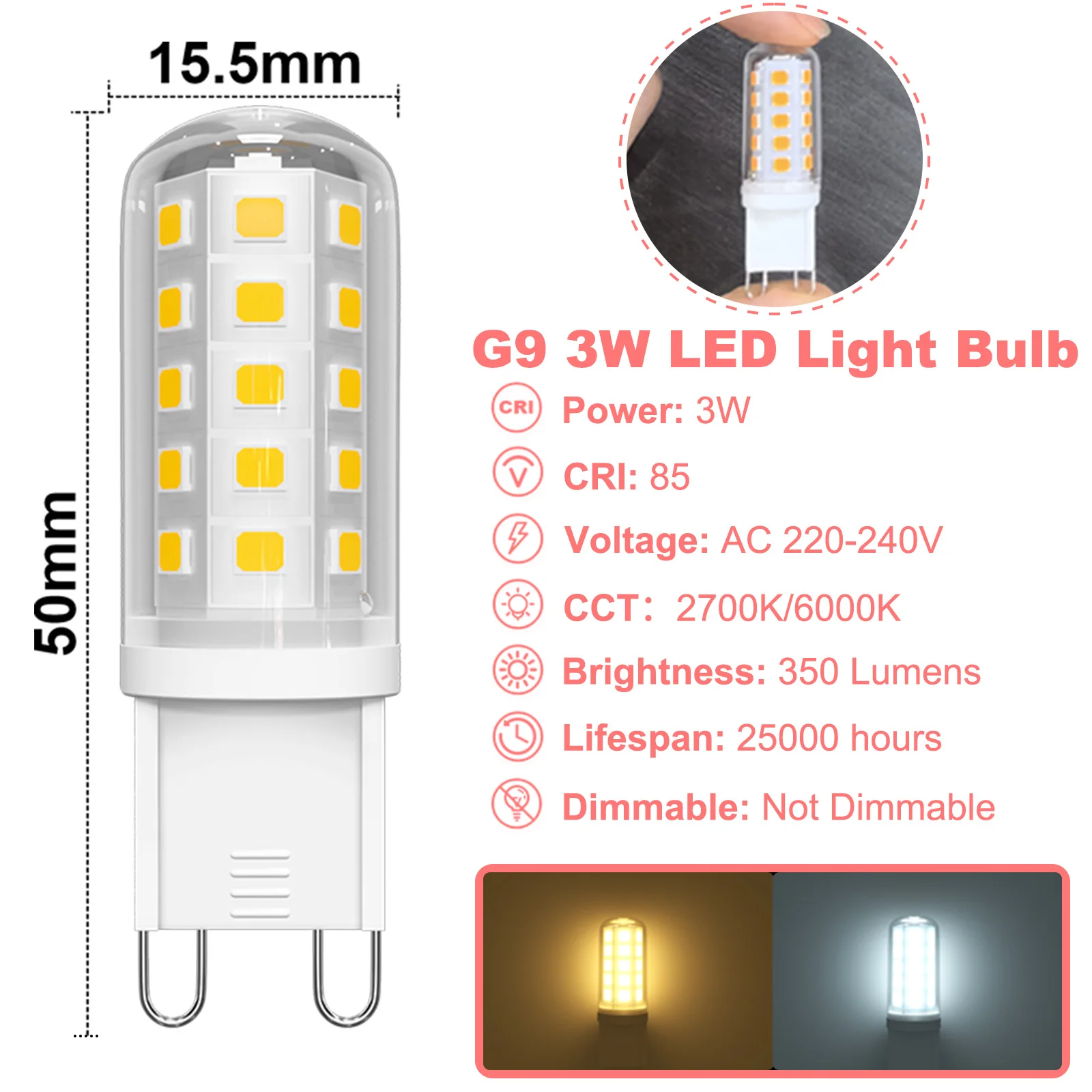 G9 LED Bulbs 3W 220V 2700K Warm White 6000K Cool White Energy Saving Light Bulbs Equivalent 30W - 40W Non-dimmable 6Pack