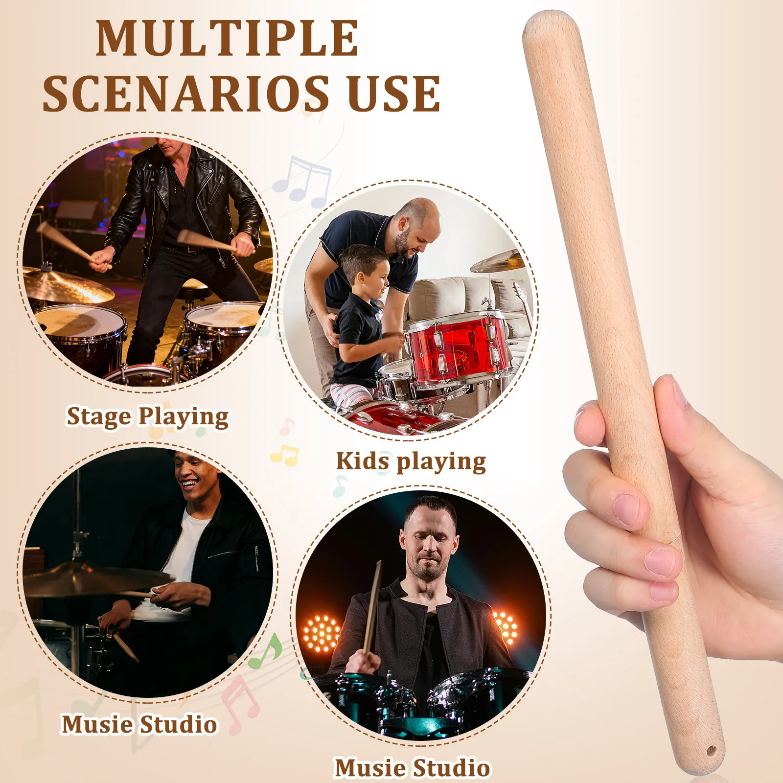 1Pair Drum Sticks Excellent Craftsmanship Lightweight Fast Resilient Rhythm Training Suitable for Preschool Elementary Kids