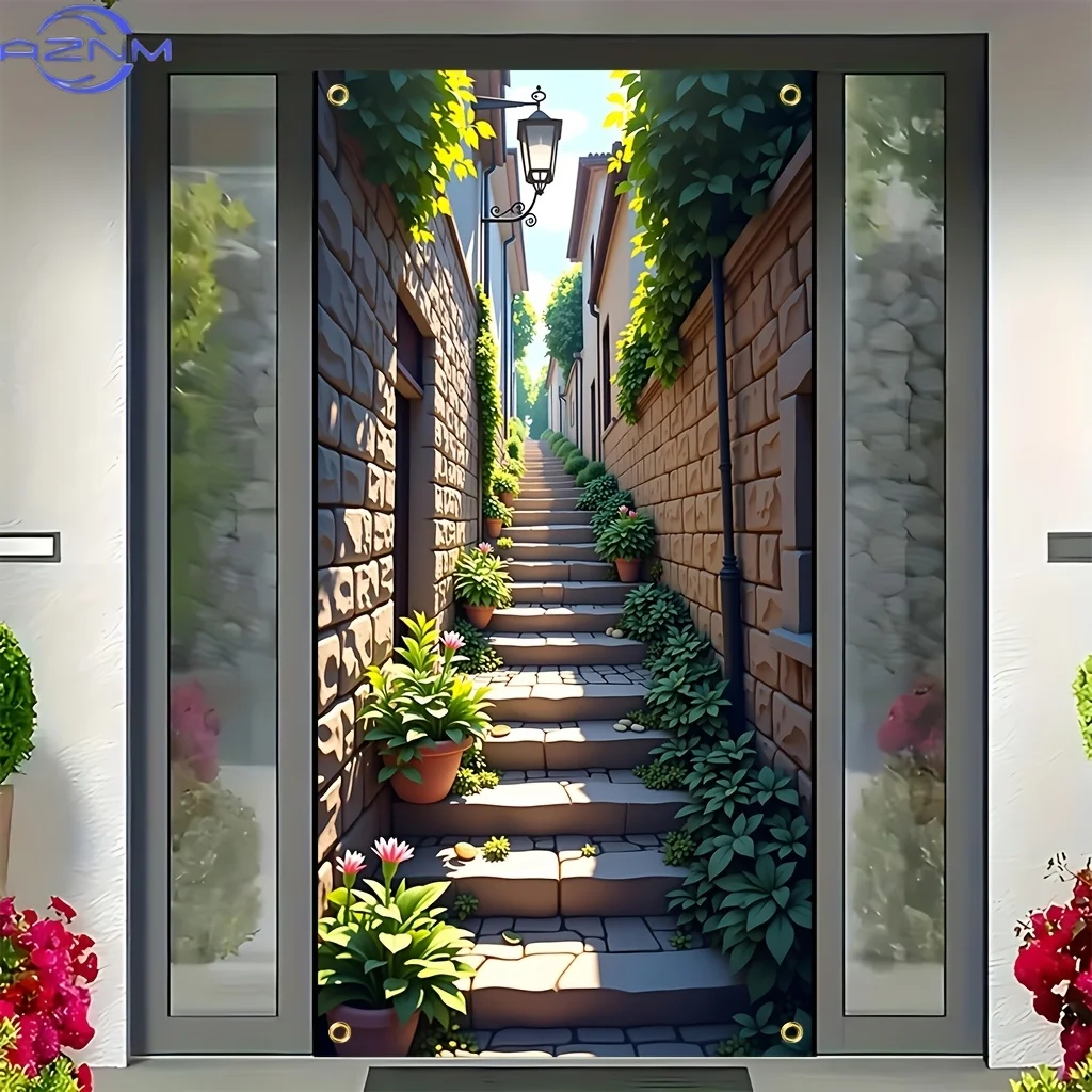 2D Flat 1pc, A Set of Stairs Leading Up to a Building with 1, Polyester Fiber 35* 71In Indoor And Outdoor Art Decoration Door