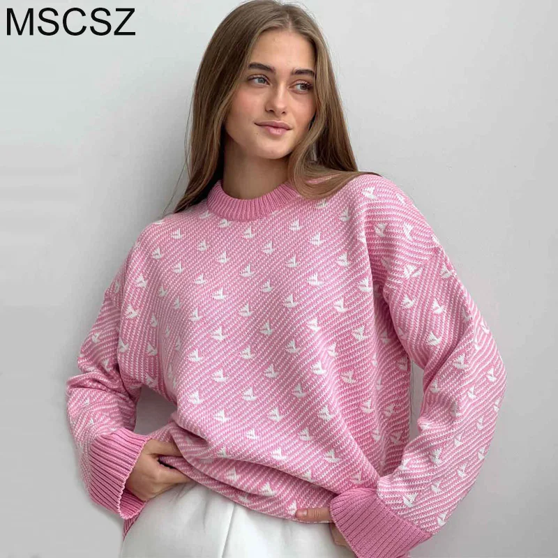 MSCSZ Cute Pink Striped Sweater Woman Printed Knitted Oversized Sweater Pullover Warm Autumn Winter Sweaters 2024 Jumper