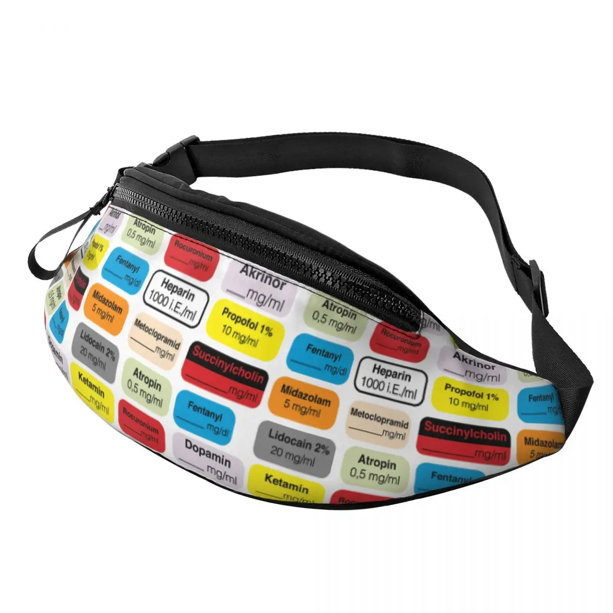 

Medical Anesthesia Medication Labels Fanny Pack Men Women Doctor Nurse Crossbody Waist Bag for Traveling Phone Money Pouch