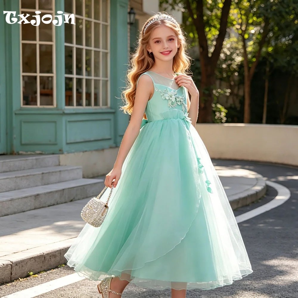 Girl's Dress 3-14 Years Old Girl's Applique Princess Dress Sleeveless Long Dress Wedding Dress Flower Girl Performance Dress