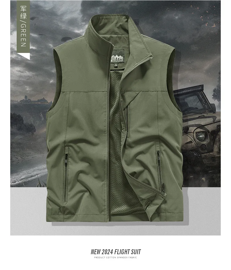 Spring Summer Men's Polyester Stand Collar Multi-Pocket Cargo Vest Outdoor Photography Fishing Casual Waistcoat Coat