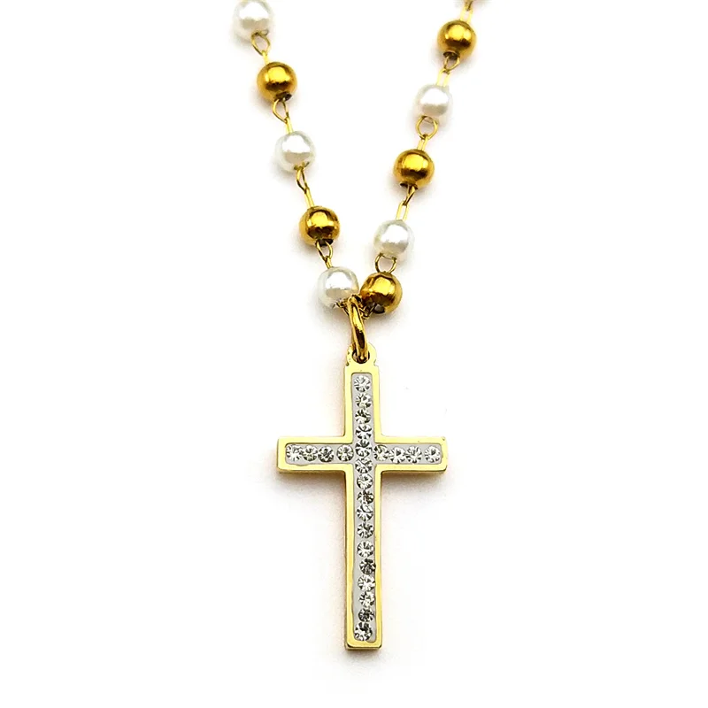 كريستال الراين الصليب قلادة قلادة للنساء حبات اللؤلؤ سلسلة الفولاذ المقاوم للصدأ القلائد الجمالية المجوهرات المسيحية #5