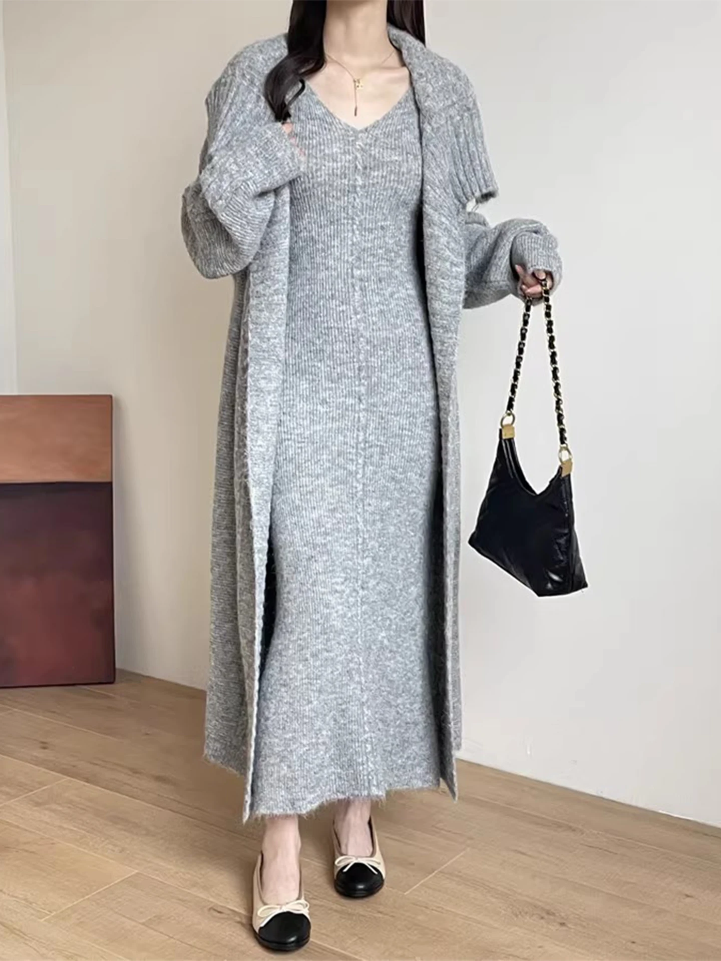 

Модный вязаный облегающий длинный свитер для женщин с высокой талией, однотонный комплект для поездок на работу, осень-зима, Новое поступление