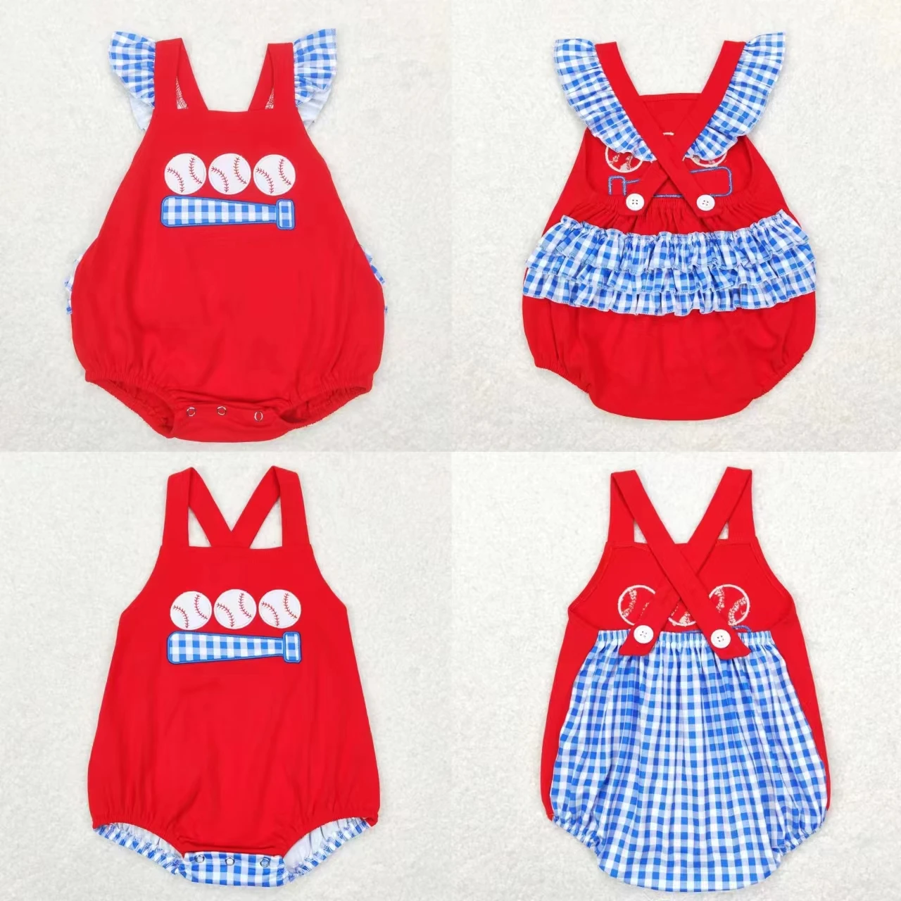 

Wholesale Children Newborn Baseball Embroidery Romper Toddler Kid Red Cotton Jumpsuit Baby Boy Girl Ball One-piece Plaid Clothes