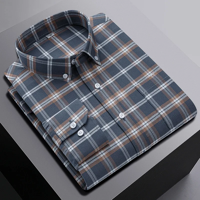 6XL Spring and Autumn new men\'s 100% cotton long sleeve shirt plus size plaid casual comfort Oxford woven pocket free iron