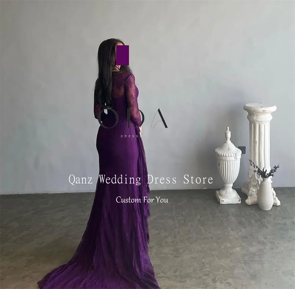 Qanz Saudi Arabia Evening Dresses Purple Lace High Slit Mermaid Formal Occasion Dresses Vestido Elegante Mujer Customized