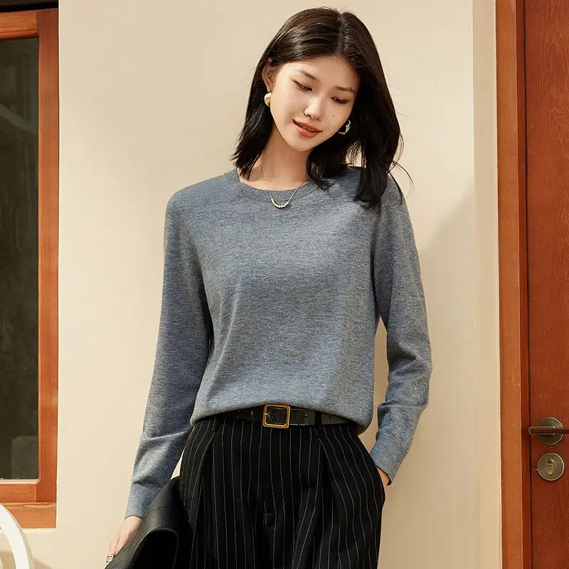 

Women's AutumnWinter Long Sleeved Solid Color Basic Pullover Loose Knit Sweater Warm Round Neck 100%Merino Pure Wool Jumper Top