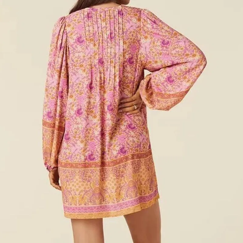 BO00-Robe de plage à manches longues pour femmes, col en V, imprimé fleuri, mini robe, droite, vacances, éducatif, 2023