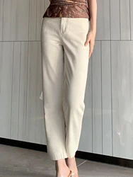 Pantalones vaqueros de pierna recta para mujer, pantalón informal Y2K, blanco crema, sólido, nueve puntos