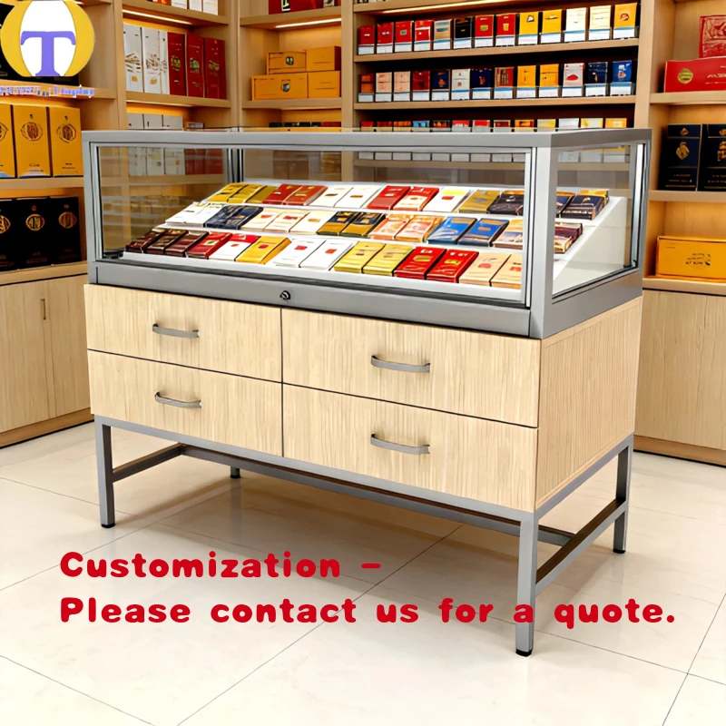 custom.Luxury Wood Grain Aluminium Store Display Cabinet LED Lit Angled Glass Showcase Eco-Friendly Lockable Drawers