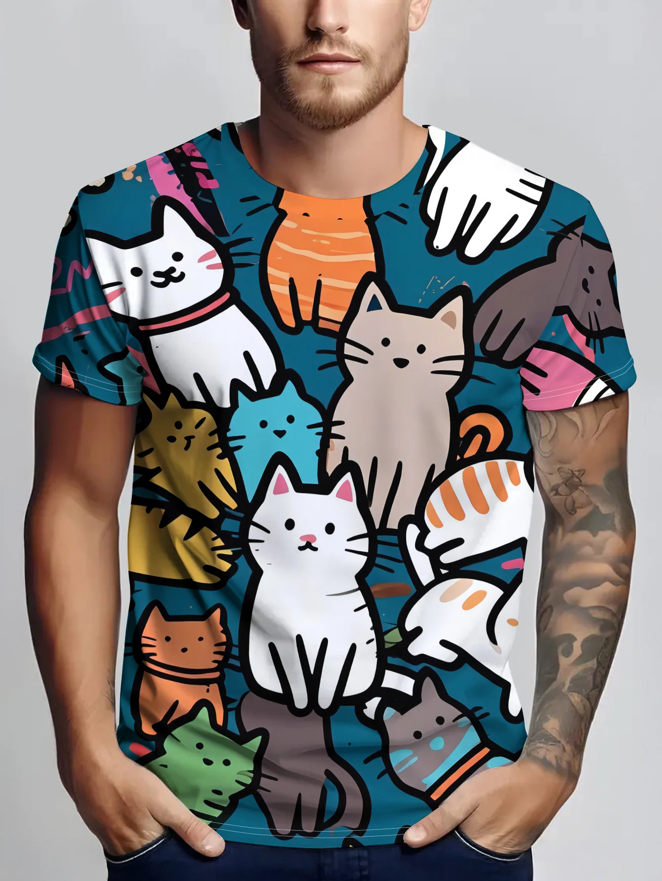 2026 Men's Cute Cartoon Cat Print Short Sleeve T-Shirt, Teal Crew Neck Casual Summer Graphic Tee Top
