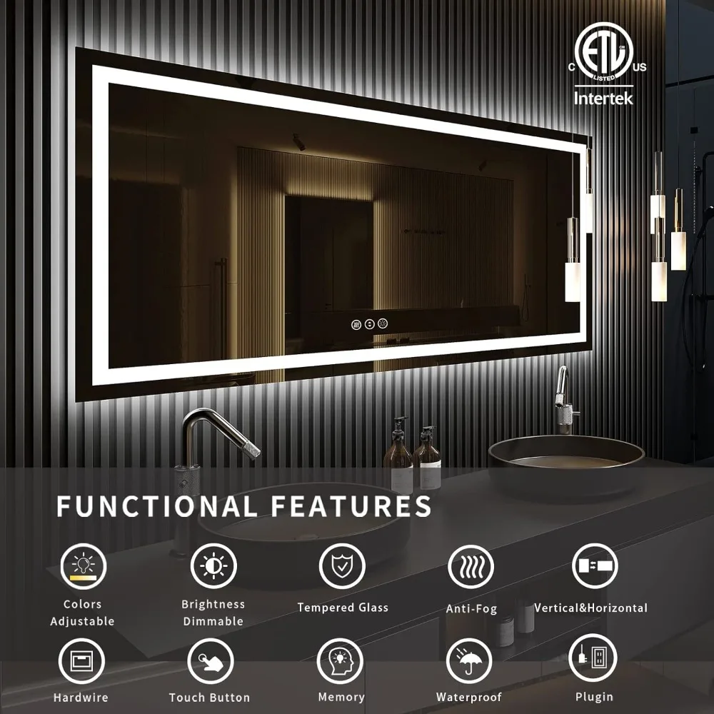 LED Bathroom Mirror for Wall 72x 40, Large Lighted Vanity Mirror with Lights, Dimmable, Anti-Fog, Shatter-Proof, ETL Listed