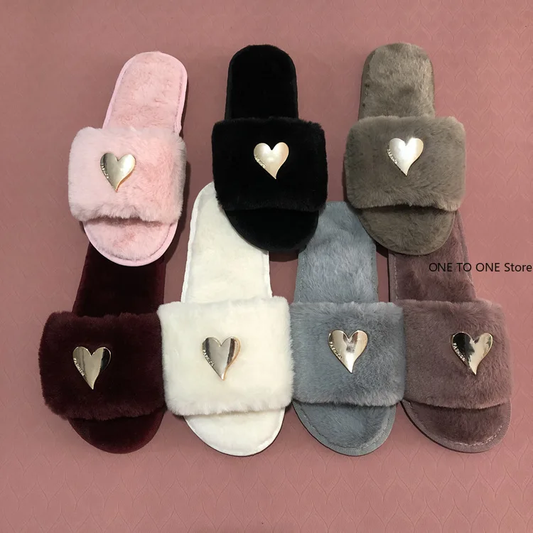

Wholesale Heart Decor Plush Slippers for Women Winter Warm Comfortable Indoor Floor Slippers Woman Open Toe Fluffy House Slides