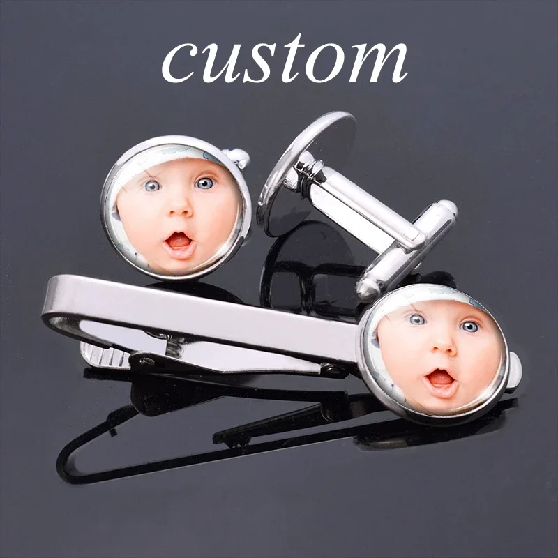 1 Set Custom Photo Logo Text Cufflinks and Tie Clip Set Glass Cabochon Alloy Cuff Links Men Silver Color Business Wedding Gift