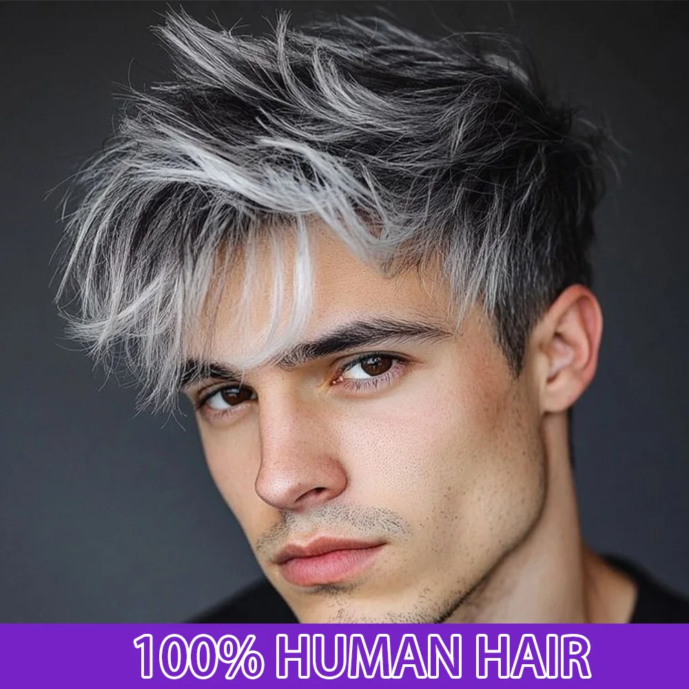 

Короткий прямой парик-пикси черно-белого цвета для мужчин, естественный вид, полностью машинной работы