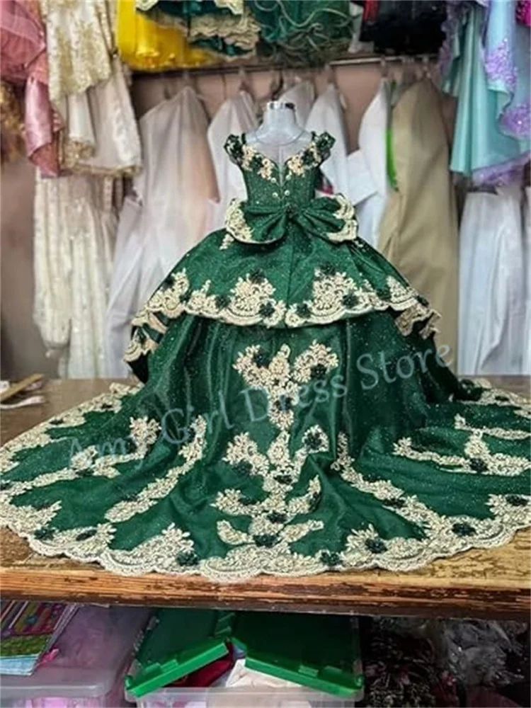 Emerald Flower Girl Dress For Wedding Tiered Gold Appliques Floor Length With Bow Classic Princess Birthday Ball Gown Customized