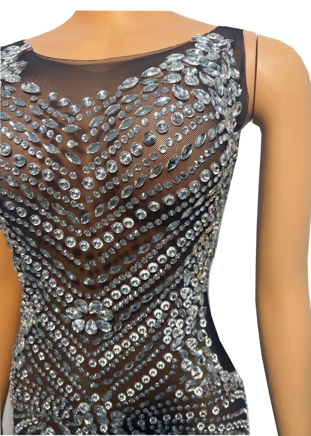 Silver Rhinestone Transparent Evening Black Dress Birthday Celebrate Short Dress See Through Show Sleeveless Outfit