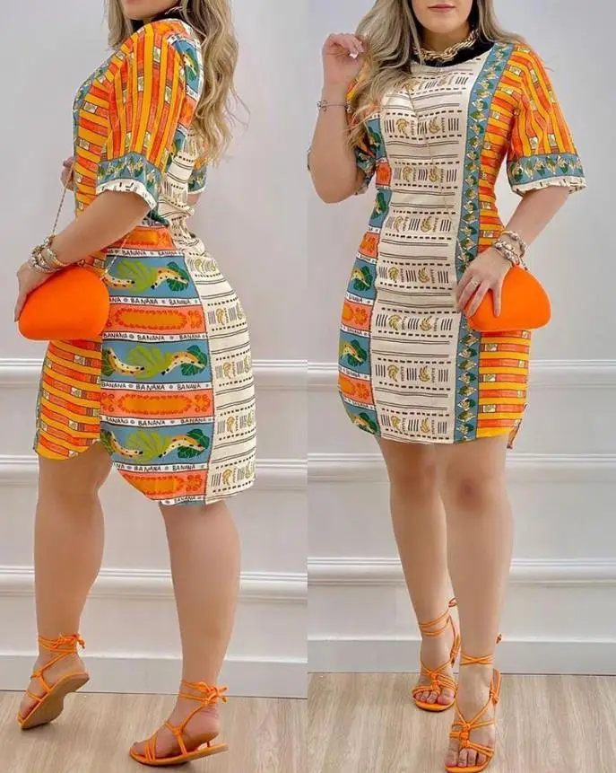 

Womens Dresses 2024 Summer Fashion Patchwork Banana Graphic Print Casual Round Neck Half Sleeve Daily Mini Straight Dress