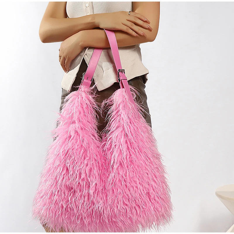 Lange, lockige, flauschige Plüsch-Umhängetasche, Y2k-Mädchenmode, große Damen-Winterhandtasche, einfarbige Tragetasche – Detail 21