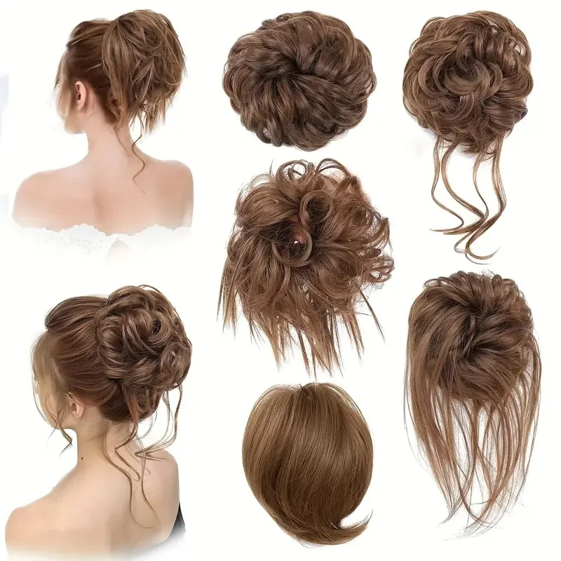 5pcs Messy Bun ผมชิ้นสําหรับผู้หญิงสั้น Bun Tousled สังเคราะห์ยืดหยุ่น Scrunchies Hairpiece สําหรับหญิง