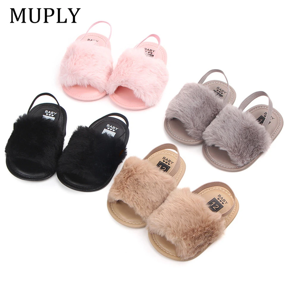 Newborn Baby Girl Faux Fur Baby Shoes Summer Cute Toddler Infant Print Flower Princess Kid Shoes First Walkers