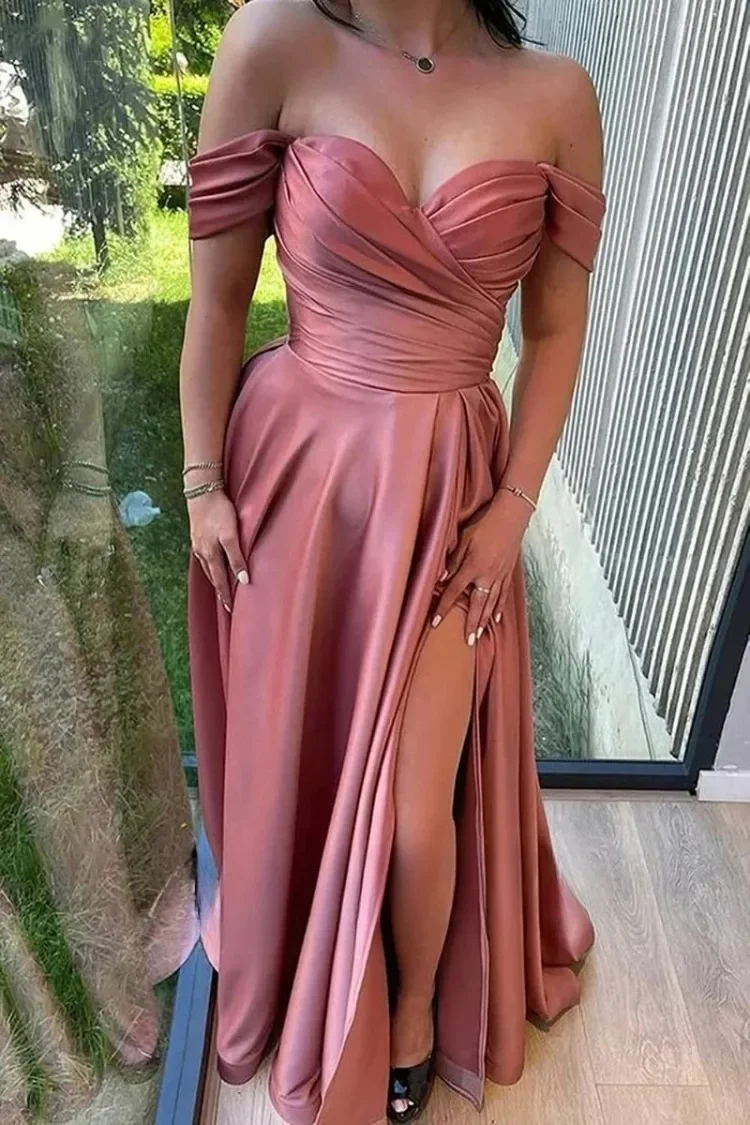 Customized Solid Sexy Off Shoulder Elegant Evening Dresses Slim Waist Split Femininity Wedding Party Vestidos Spleated Long Prom