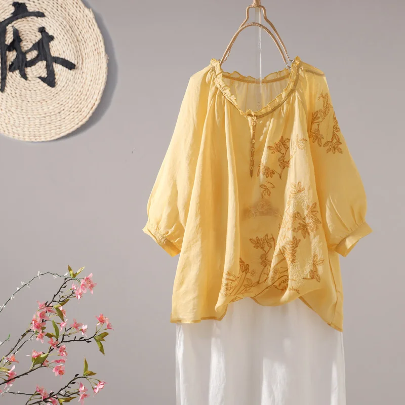 Cotton Linen Blouse for Women, Vintage Embroidery, Loose Half Sleeved, Elegant Female Pulls, Top Quality, Summer Outwear