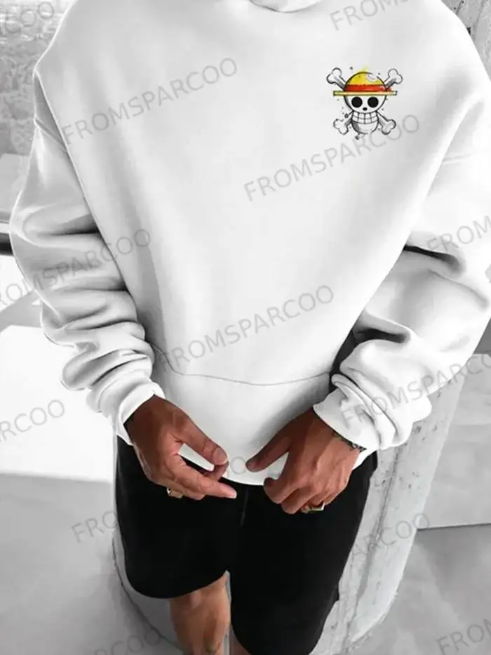 ワンピース パーカー メンズ 草帽族 スカルプリント コットン ストリートウェア プルオーバー ルーズフィット ユニセックス アニメ グラフィックデザイン スリーブロゴ