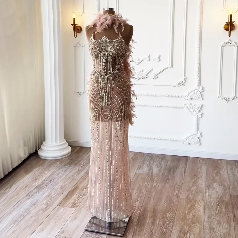 

Alinovia Beaded Mermaid Evening Gown with Feather for Women Luxury Dubai Arabic Long Formal Prom Wedding Party Customized 2025