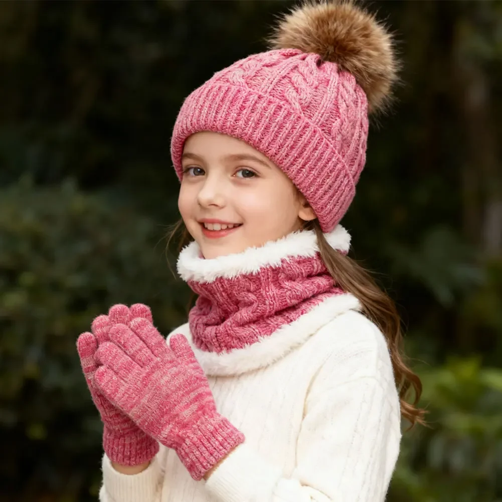 Conjunto de 3 piezas de colores mezclados y cálidos para niños de 3 a 12 años, gorro, bufanda, guantes, equipo cálido de tres piezas para clima frío
