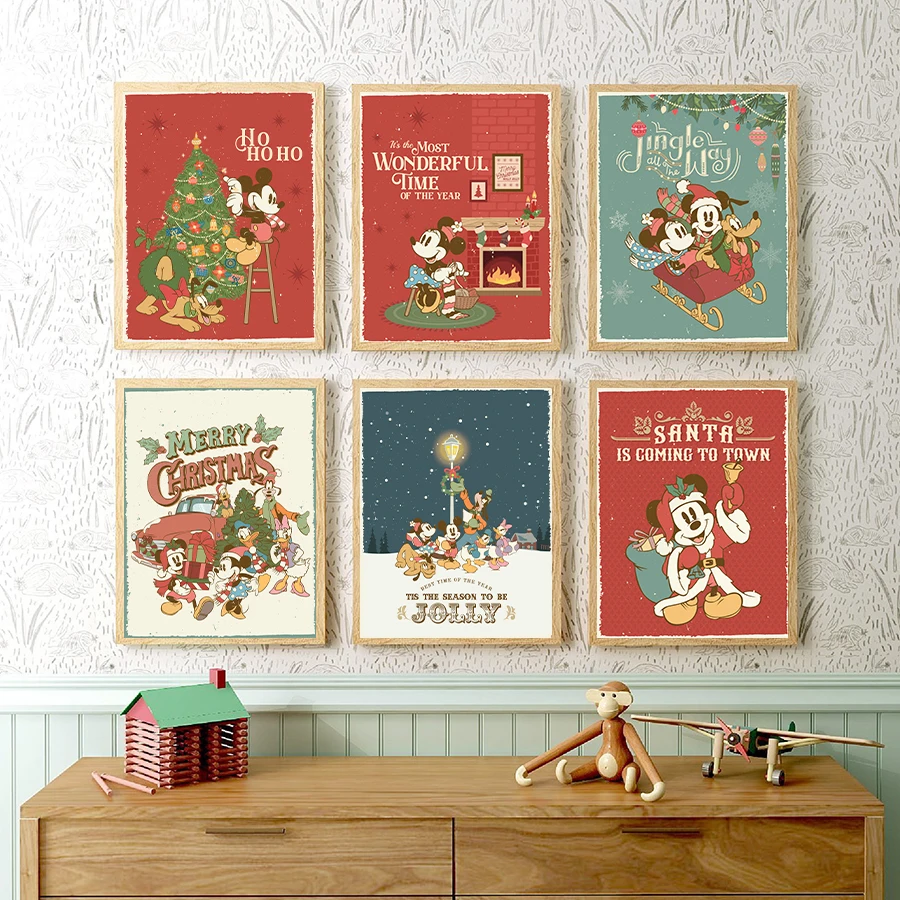 Mickey Minnie Christmas Print Canvas Poster Vintage  Nursery Wall Decor Retro Canvas Painting Gift Kids Room Wall Pictures