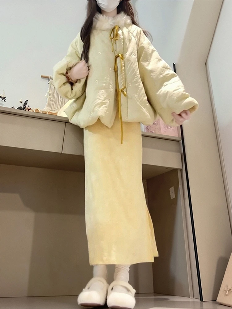 새로운 중국 스타일 겨울 패션 세트, 자수 면 재킷 치파오 드레스 투피스 수트, 따뜻한 플루드 디자인