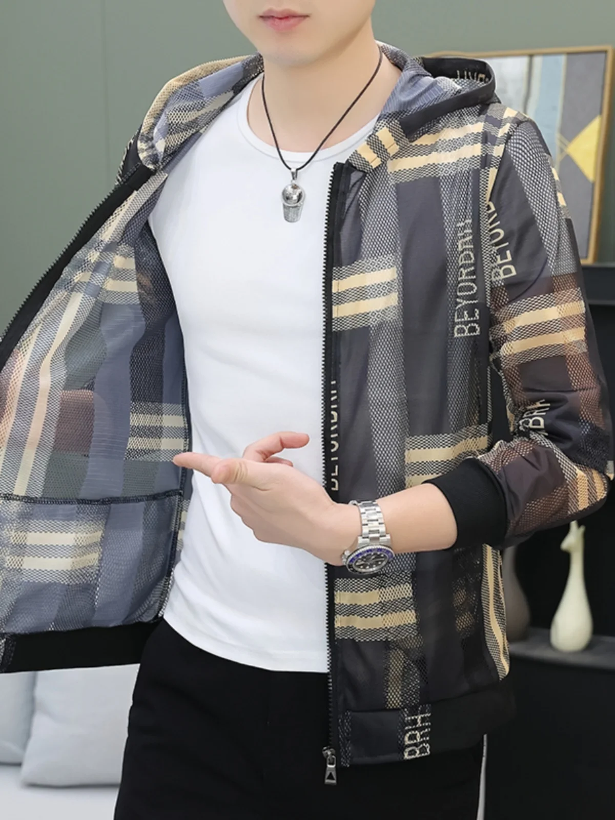 Men's Summer Mesh Sun Protection Clothing Trendy Stripe Print Ice Silk Cool Feeling Breathable Quick Dry Hooded Jacket