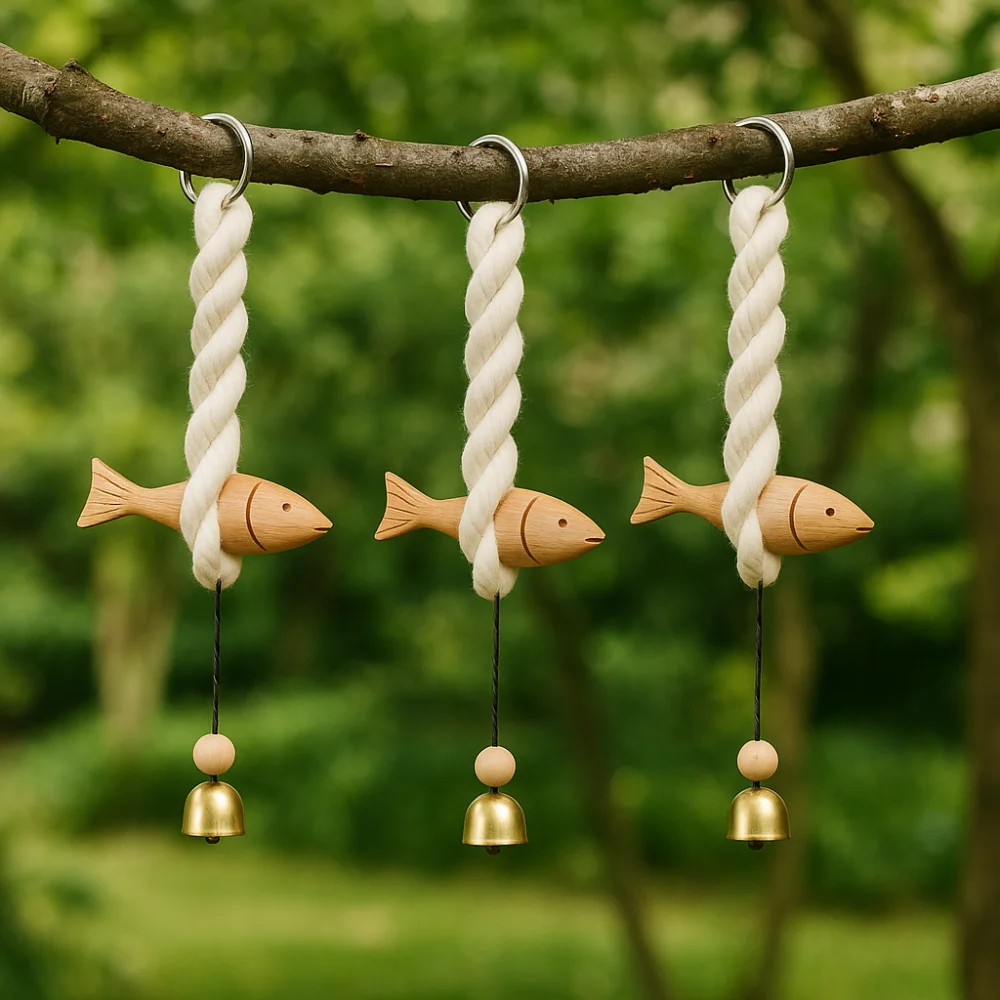 Marine Beach Themed Wood Fish Sculpture Hand Carved Handcrafted Fish Wall Hanging Decor Rustic with Bell Fish Door Chimes