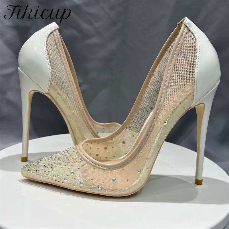 Tikicup Glossy White Back Women Gauze Rhinestones Pointy Toe High Heel Shoes for Wedding Bridal Elegant Slip On Stiletto Pumps