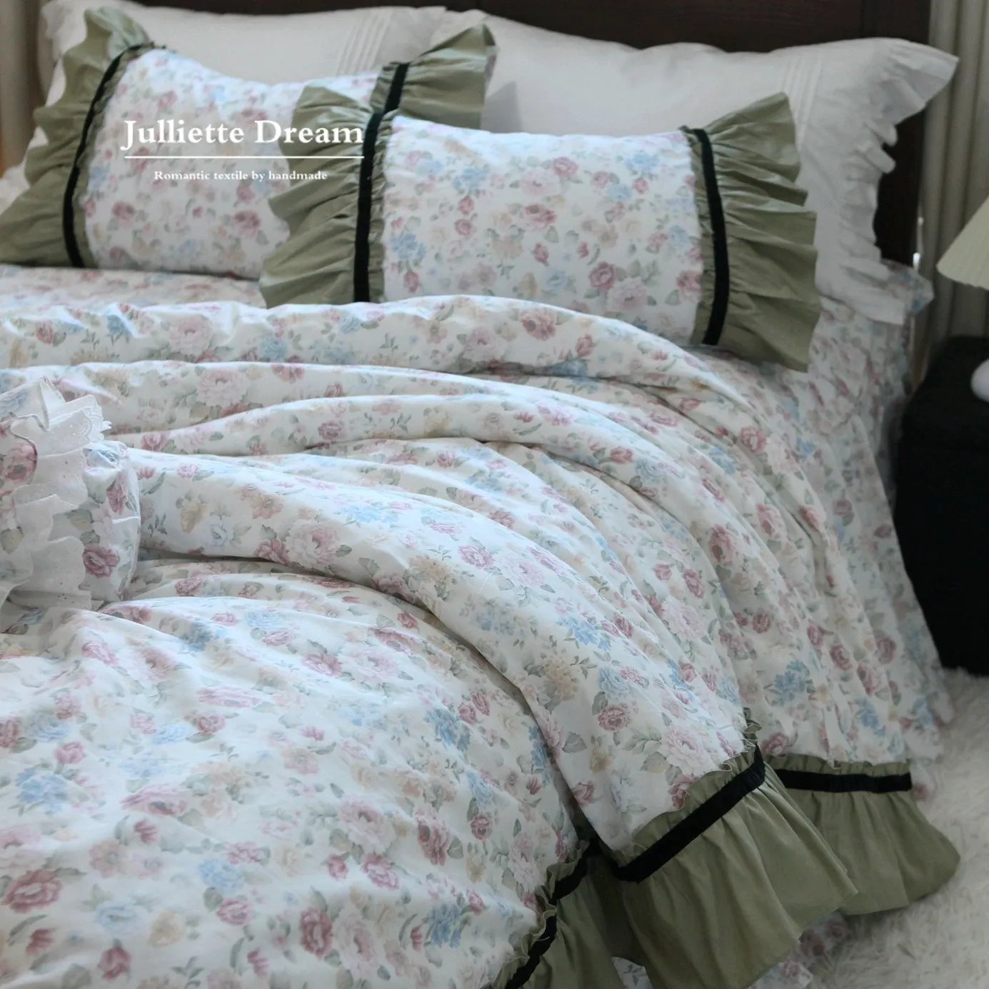 Princess Style Vintage Green Fresh 100% Pure Cotton Bedding Sets, Ruffled Bed Skirt Comforter Cover with Pillowcases Bed Linen