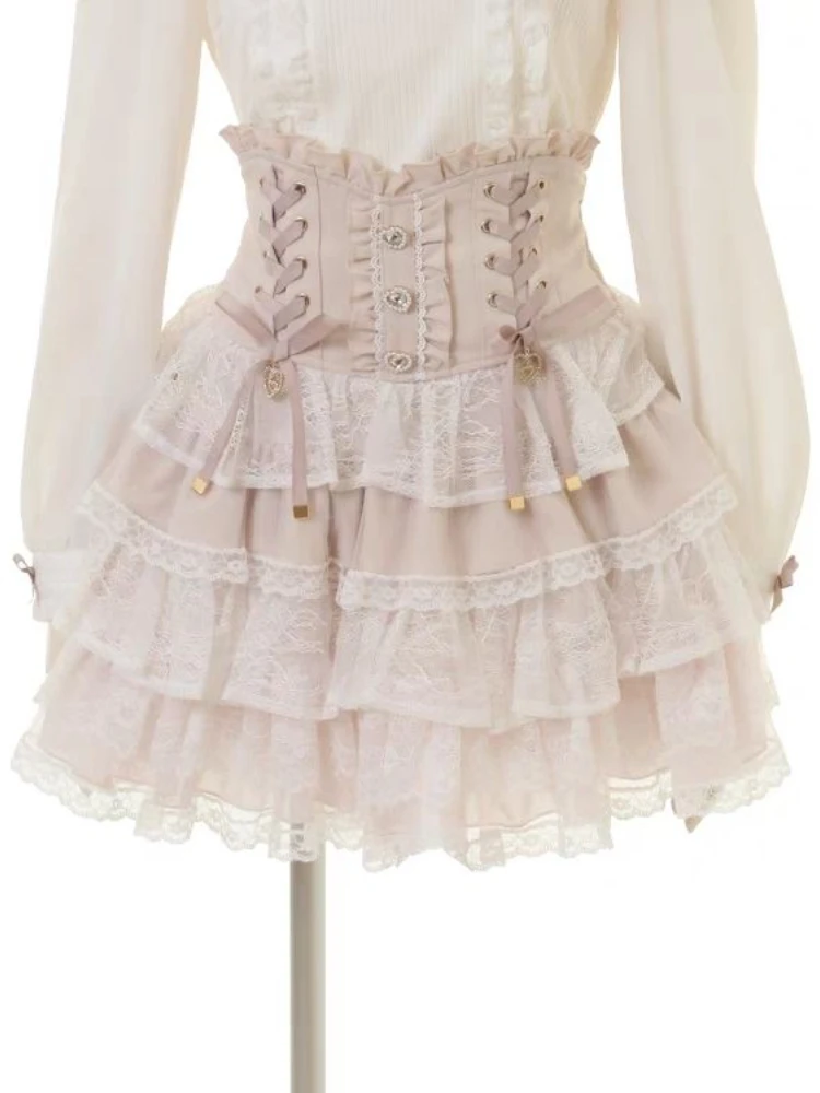 

Harajuku Юбки на шнуровке с высокой талией Whte Симпатичная милая кружевная юбка-тортик для женщин Новинка лета 2025 года All-match Faldas Sexy Mujer