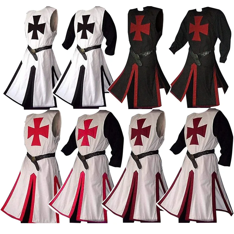 4XL 5XL Medieval Warriors Knight Templar Crusader Costume Adult Men Gown Sleeveless Shirt Top Cross Tabard Surcoat Tunic Clothes