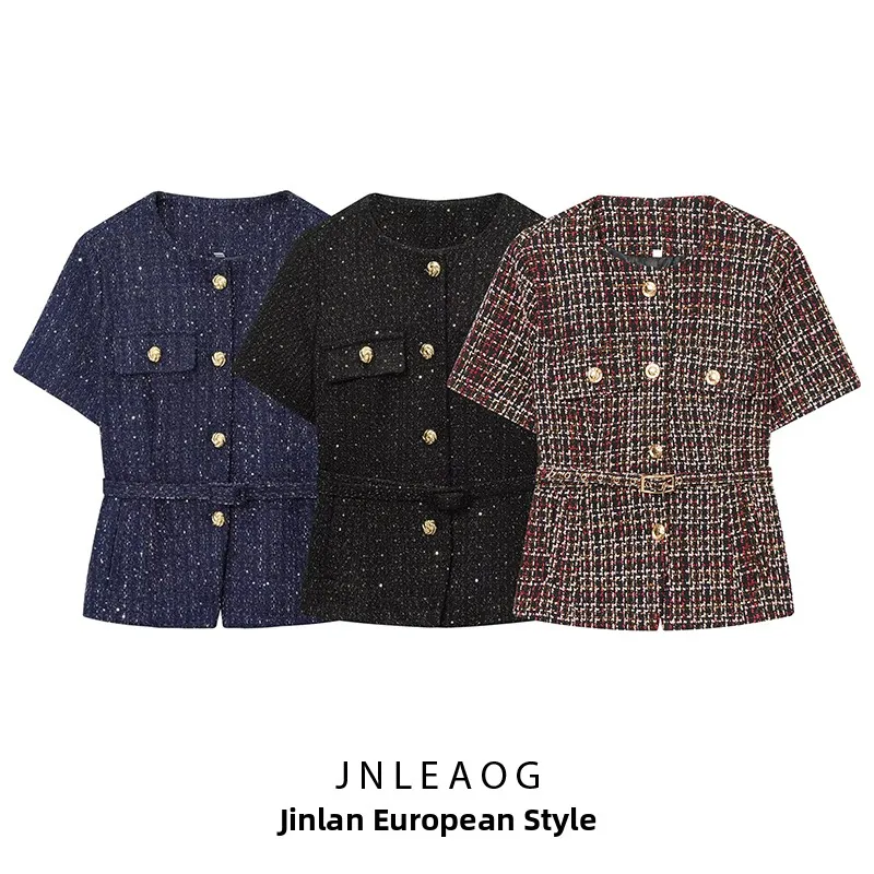 Faionable JNLEAOG Spring New Women's Design Small Fraance Sle Jaet Polyester ort Sve round Ne Button Closure