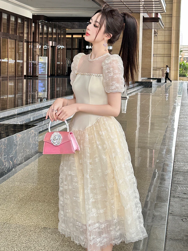 Robes de princesse féerique française pour femmes, douces et exquises, maille transparente, dentelle, perles, diamant, boule pivotante, Robe de fête d'anniversaire, de bal