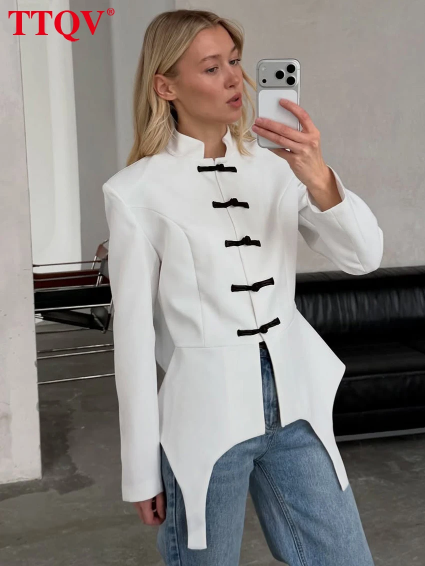 

TTQV Fashion Loose White Women Shirt 2026 Autumn Stand Collar Long Sleeve Lady Blouse Elegant Classic Solid Top Female Clothing