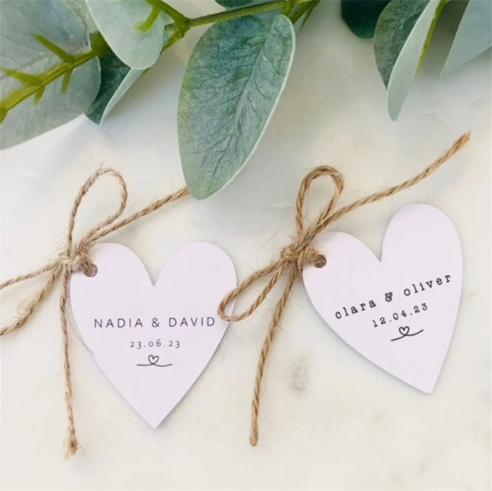 50pcs Modern Heart Shaped Wedding Favour Tags with Twine - Wedding Thank You Tags - Monochrome - Minimalist - Simple