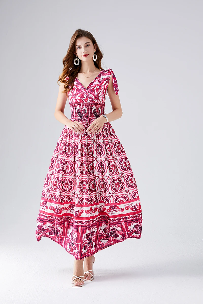 Sexy V-neck Purple Porcelain Printed Bandage High Waist Dress Bow Tie Slim Big Swing Long Maxi Dress For Women Summer New Fashio