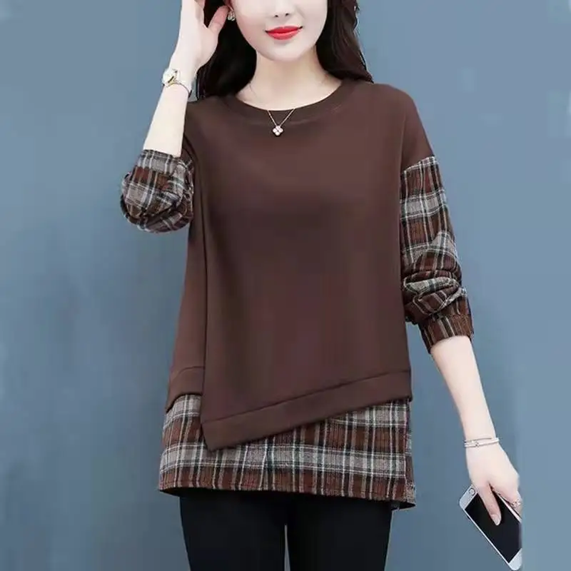 Casual Losse Dames Irt Lente Herfst Plaid Splicing Kleur Blo Basislaag T-shirt Moeder Nep Tweedelige Lange Sve