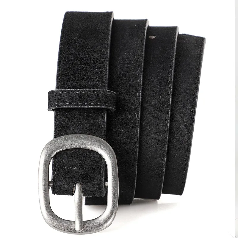 Ladies' belt, imitation suede-like surface, vintage style, aged look, high-end feel, silver alloy buckle, versatile, jeans belt