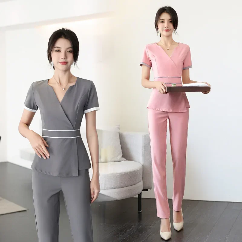 Prezzo all'ingrosso Set per scrub di bellezza Set uniforme da lavoro per hotel femminile Set per scrub Abito per massaggio ai piedi con scollo a V in due pezzi